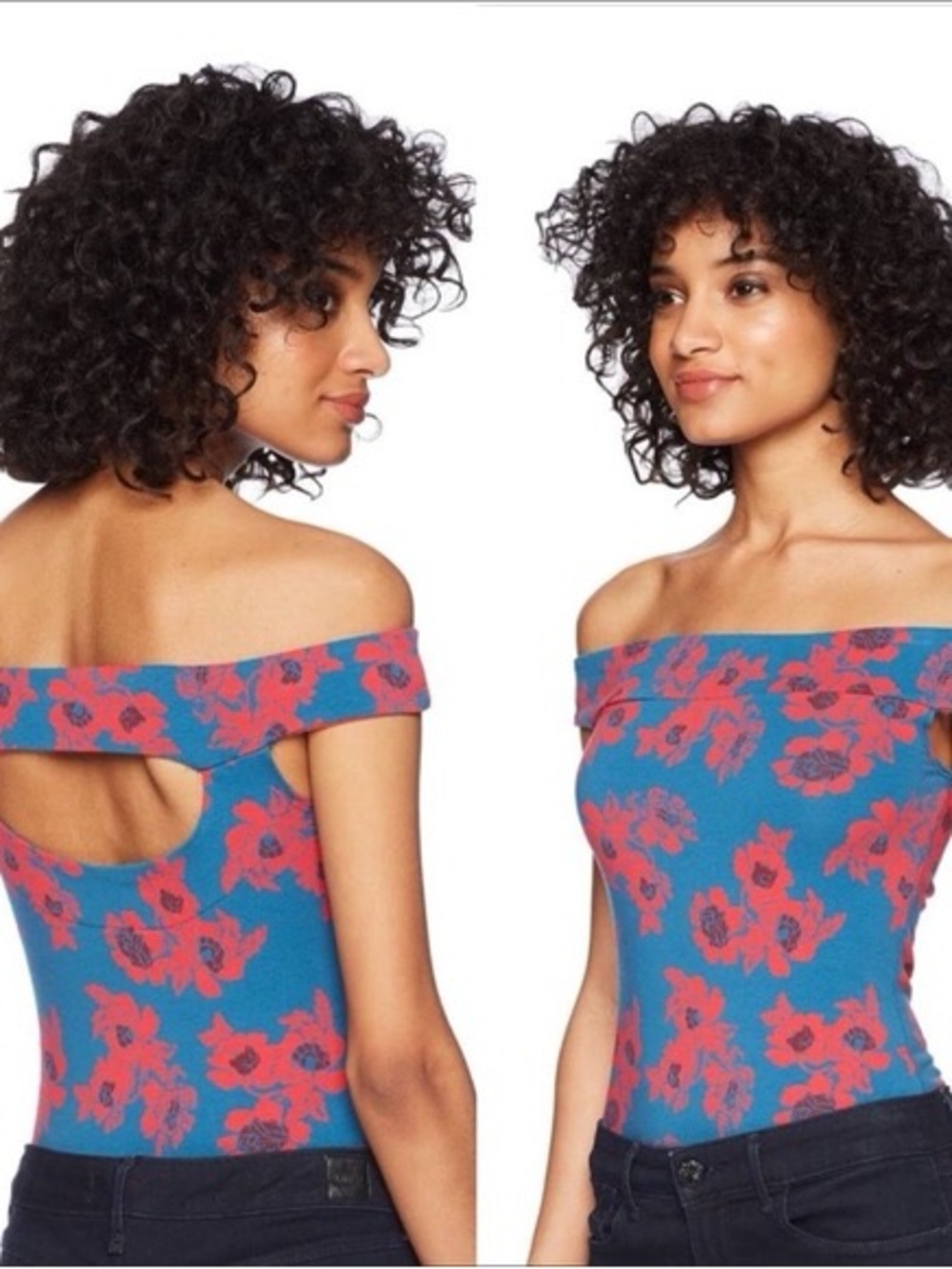 Free People Intimately So Much Off-The-Shoulder Blue Bodysuit Red Floral Boho L